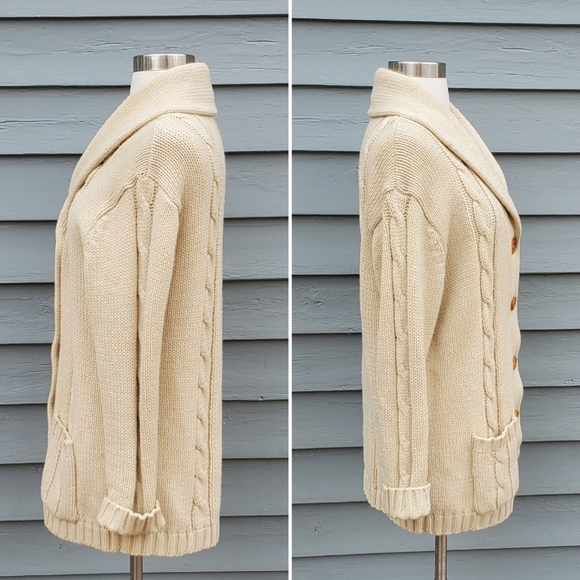 Vintage 70s Cream Cable Knit Greek Fisherman Cardigan Button Up Sweater Large - Picture 2 of 5